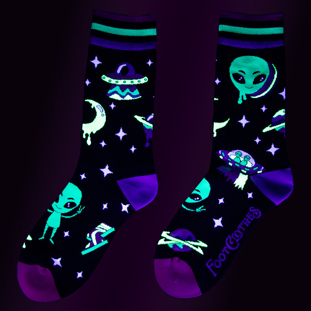 Spaced Out Alien UV Reactive Crew Socks