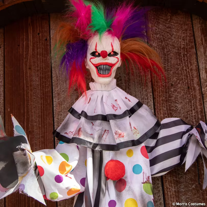 4 Ft. Hanging Animated Clown with Multicolored Hair Halloween Decoration