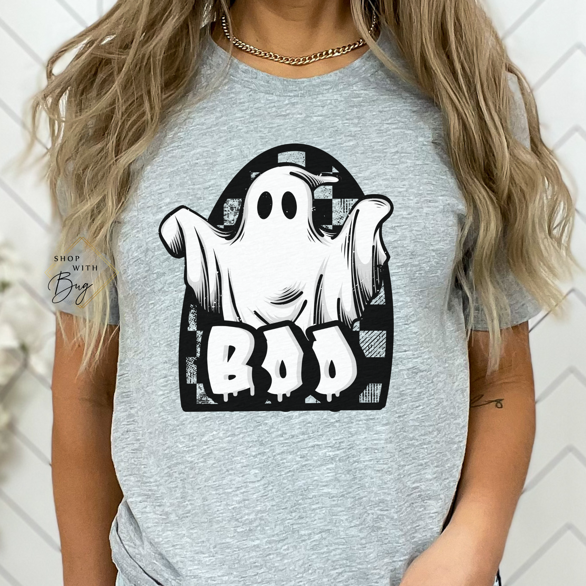 Boo Checkered Ghost Adult Short Sleeve Shirt