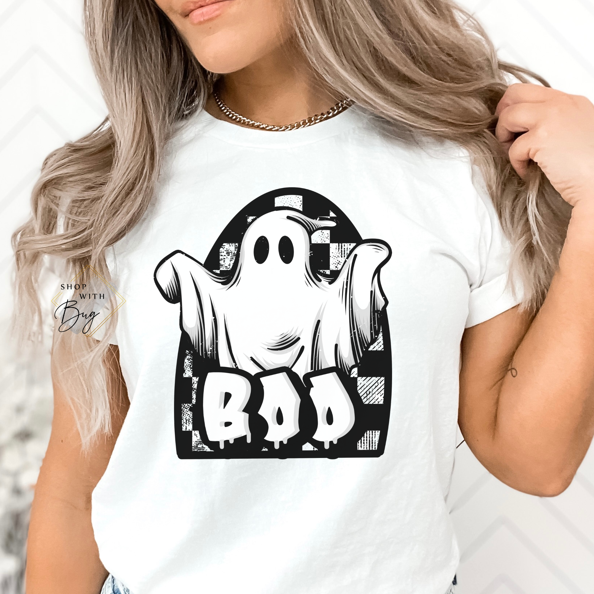 Boo Checkered Ghost Adult Short Sleeve Shirt