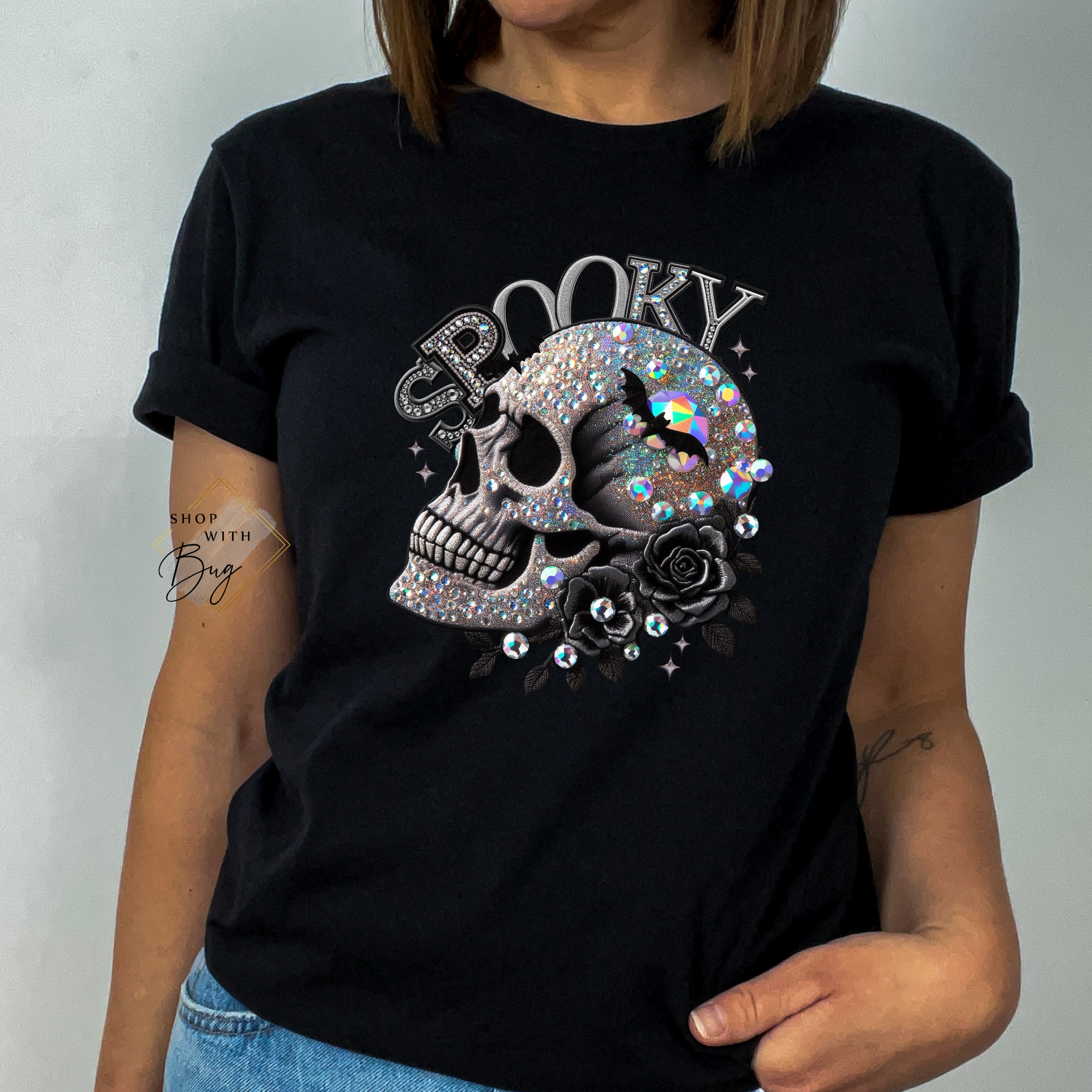 Spooky Glitter Skull Adult Short Sleeve Shirt