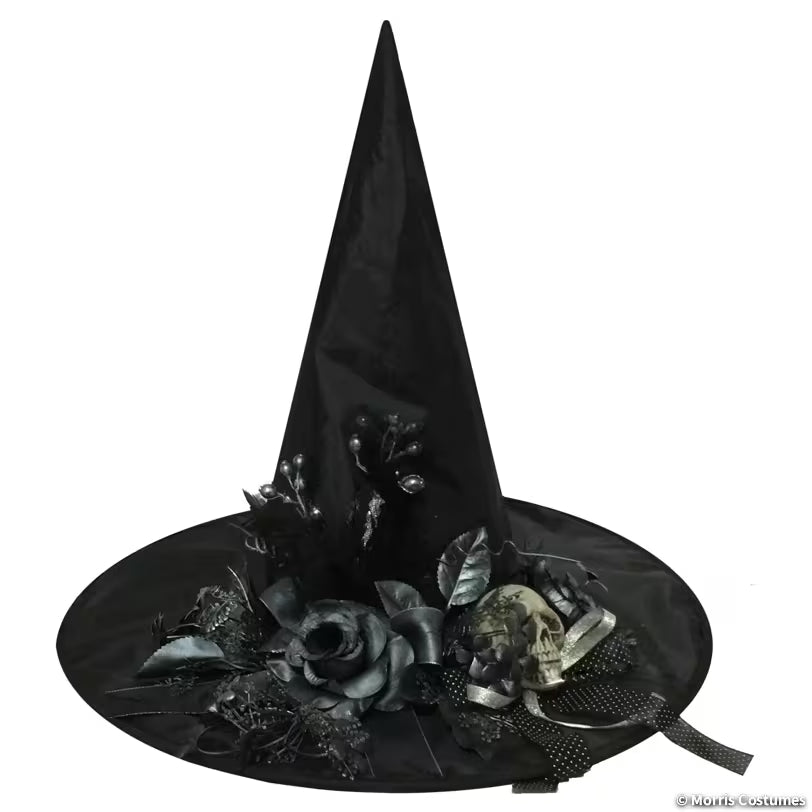 Adults Black Witch Hat with Skull & Flowers