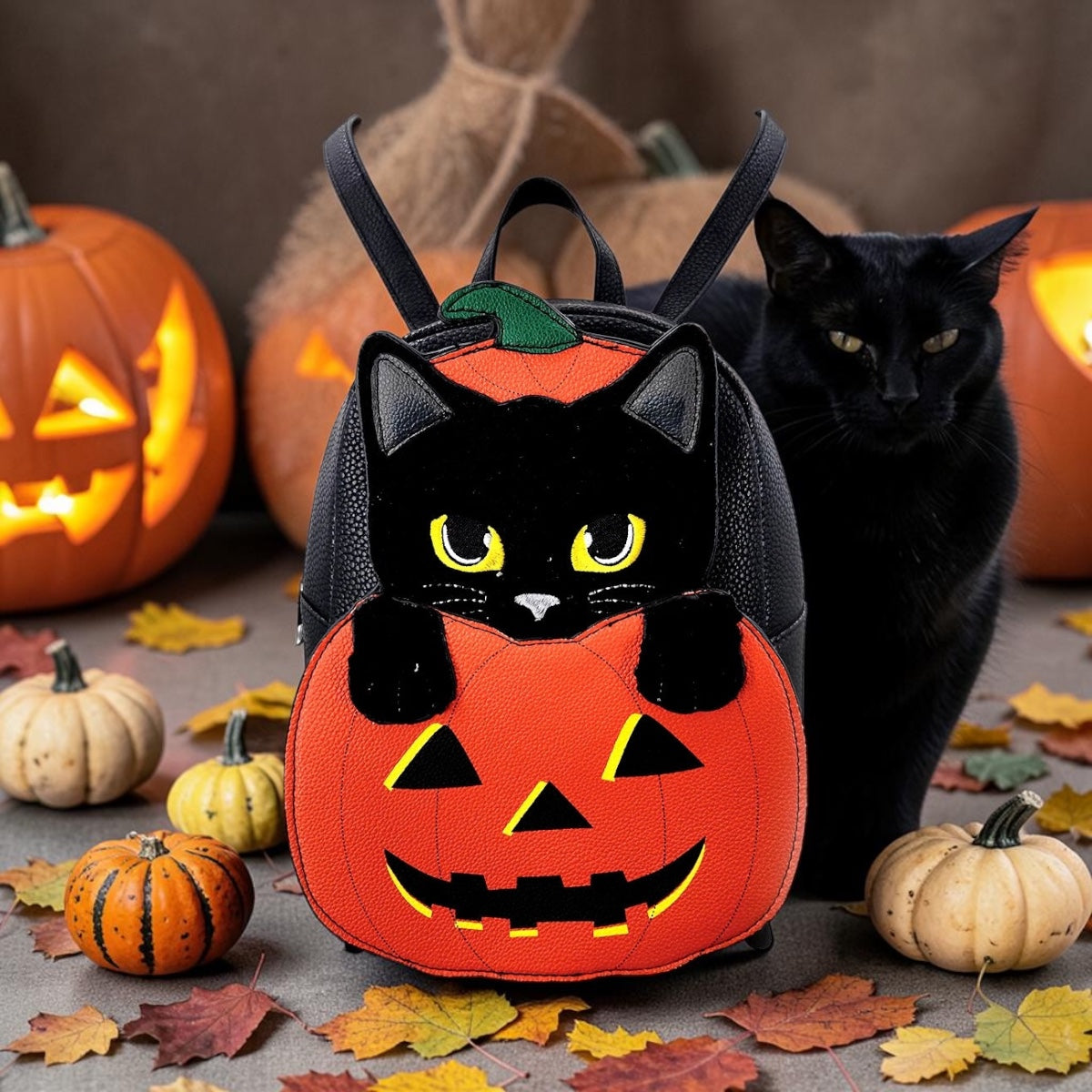 Furry Black Cat in Pumpkin Mini Backpack in Vinyl