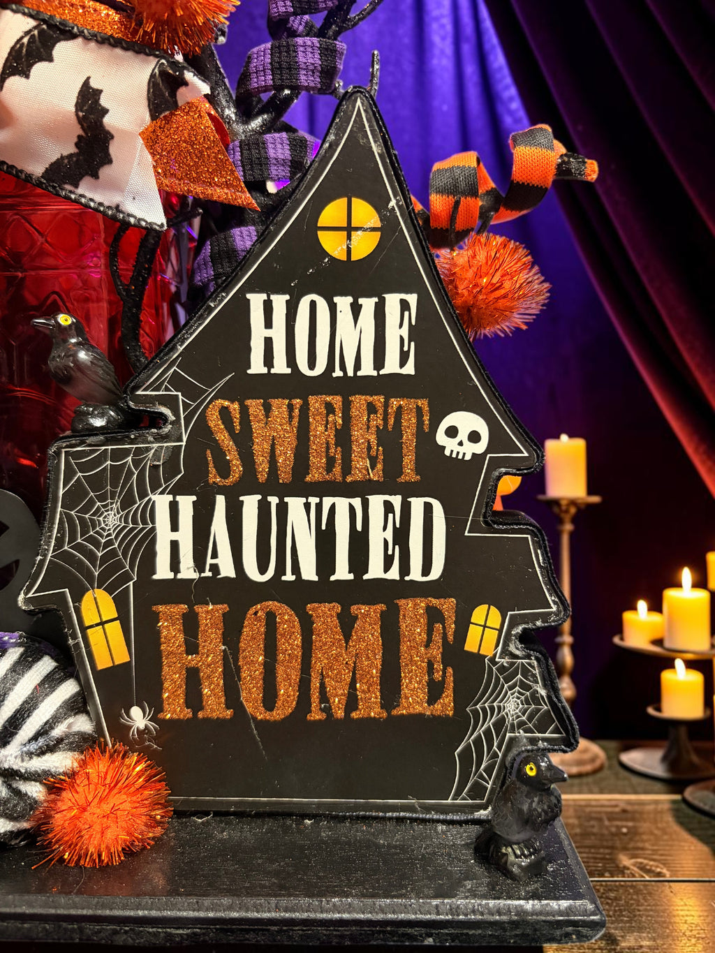 Halloween-Emporium Couture Haunted House Lamp with Home Sweet Haunted Home text, glitter accents, and raven figurines.