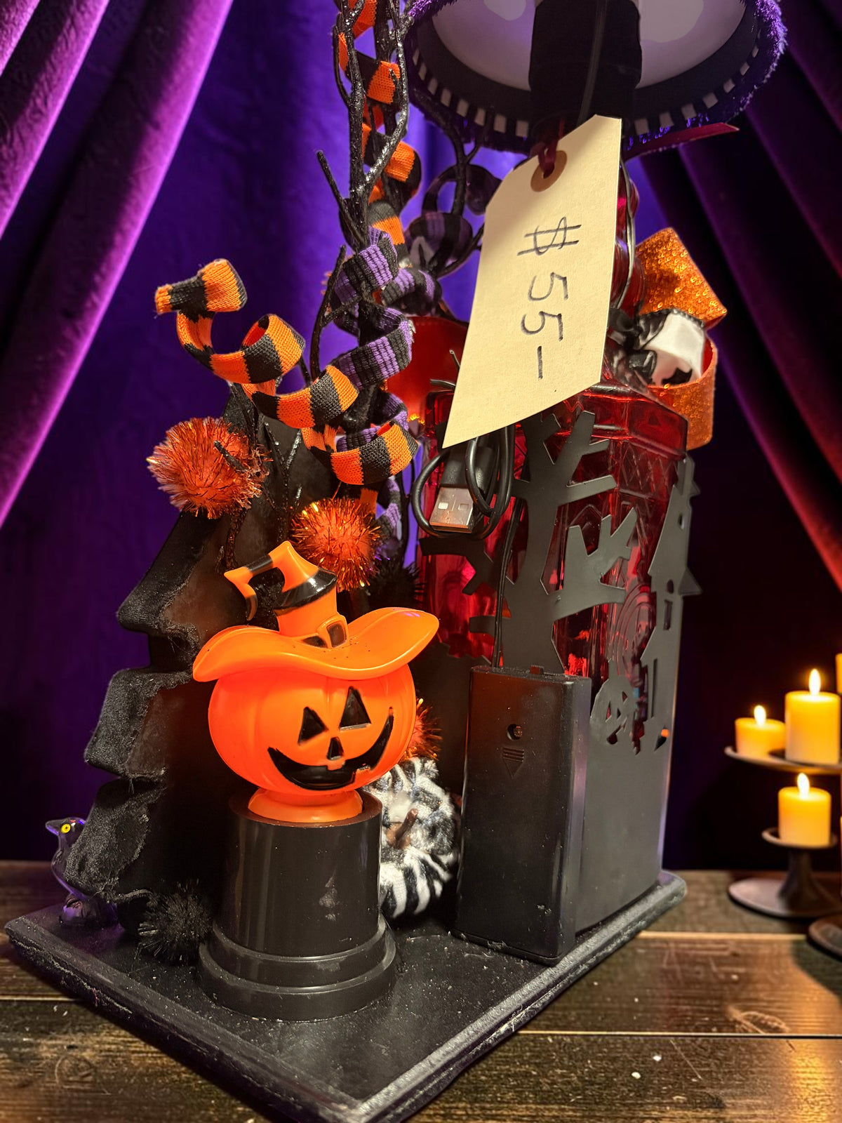 Halloween-Emporium Couture Haunted House Lamp featuring a carved pumpkin figure, gothic tree silhouettes, and ribbons.