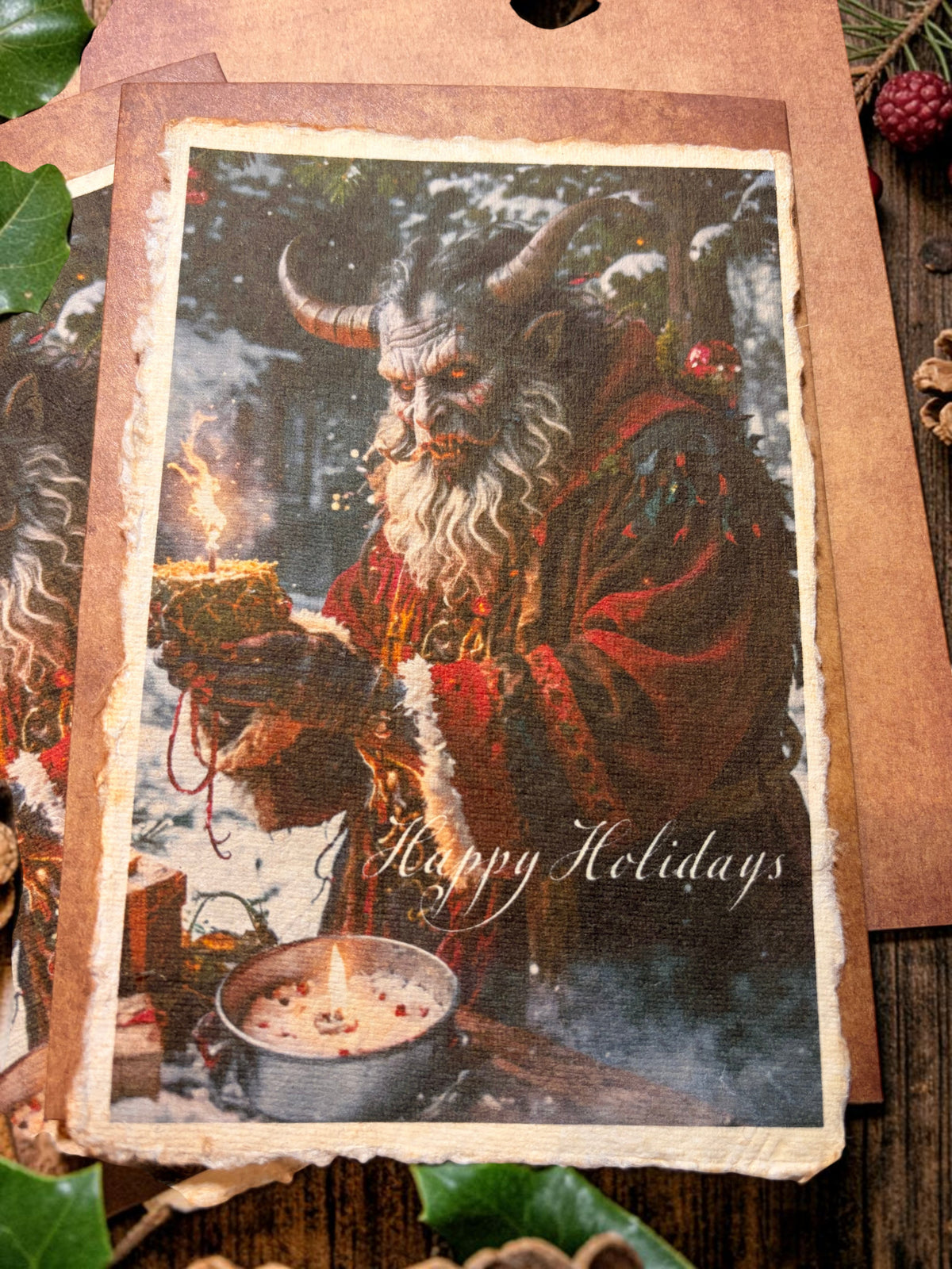 Halloween-Emporium Krampus greeting card with vintage illustration, textured paper edges, and Happy Holidays text.