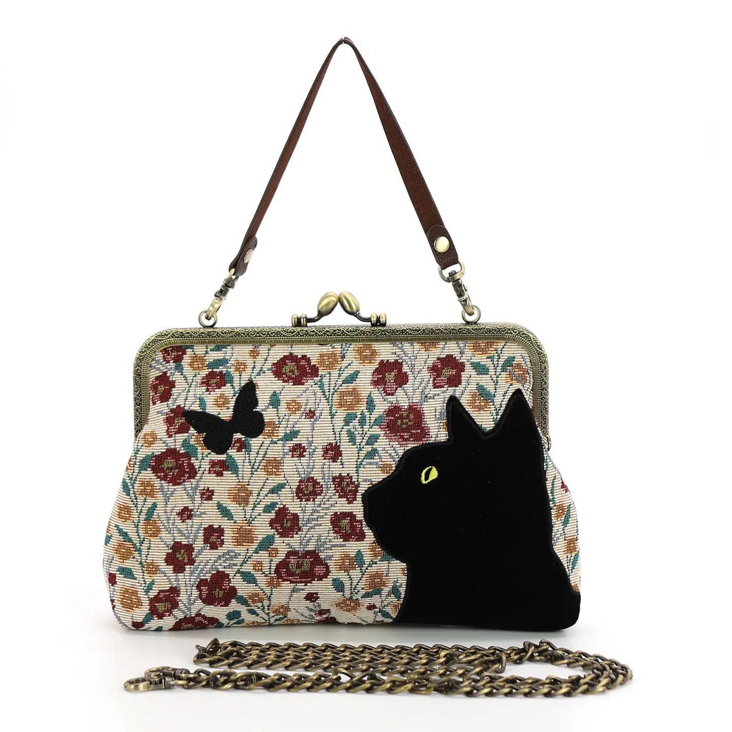 Floral Black Cat Kisslock Bag