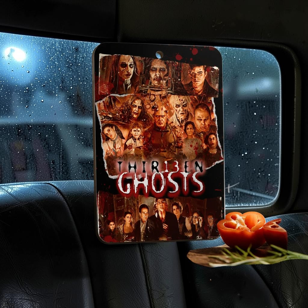 Halloween-Emporium 13 Ghost hanging car air freshener with a cinematic horror collage and coconut vanilla scent.