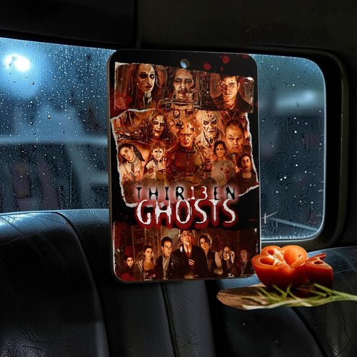 Halloween-Emporium 13 Ghost hanging car air freshener with a cinematic horror collage and coconut vanilla scent.