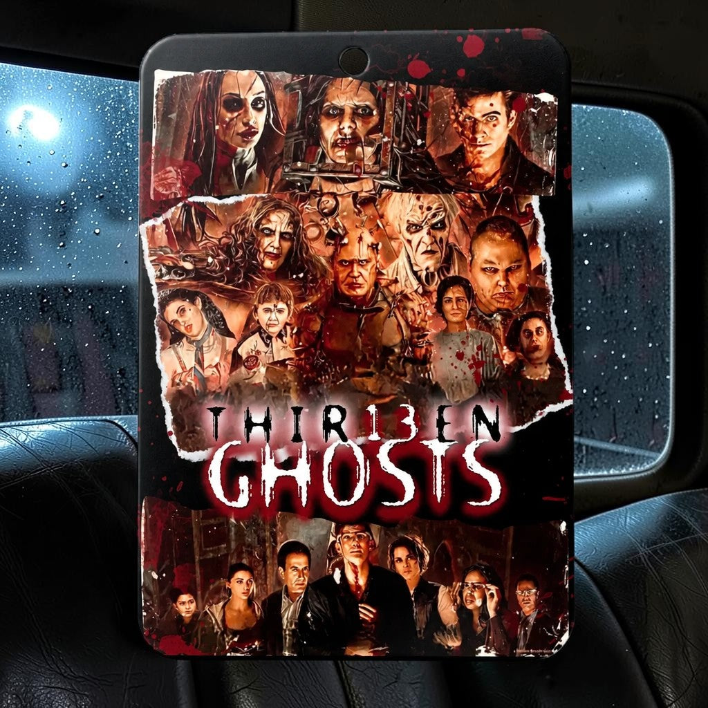 Halloween-Emporium 13 Ghost air freshener featuring a detailed horror movie collage hanging in a car interior.
