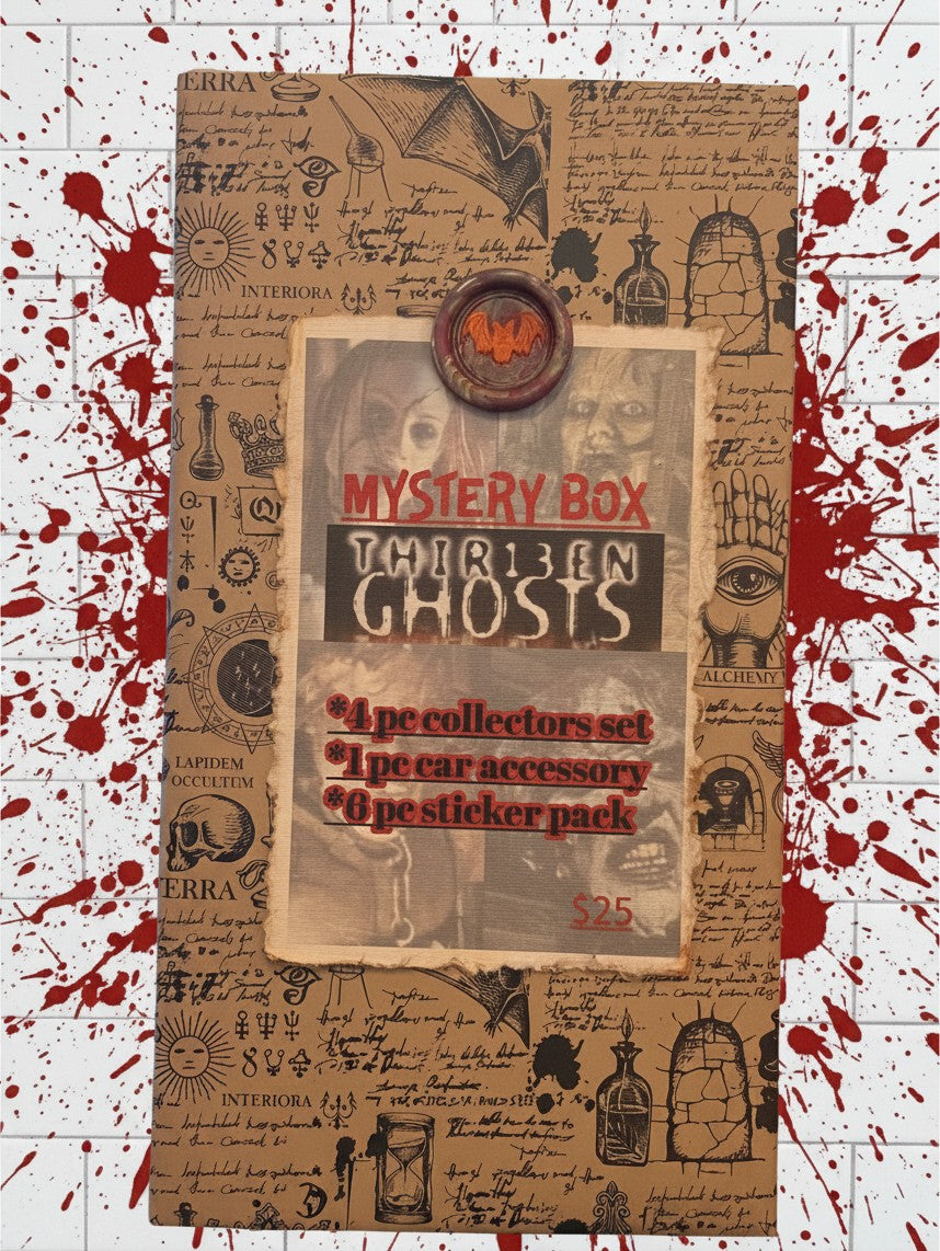 Halloween-Emporium 13 Ghosts mystery box with occult-themed wrapping, wax seal, and horror movie collector items.