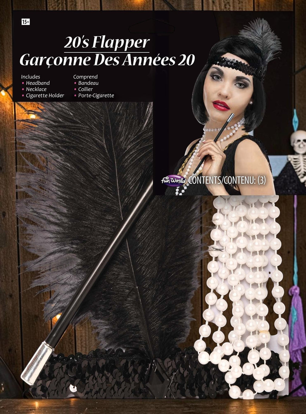 Halloween-Emporium 20s flapper costume kit with black sequin feather headband, pearl necklace, and cigarette holder