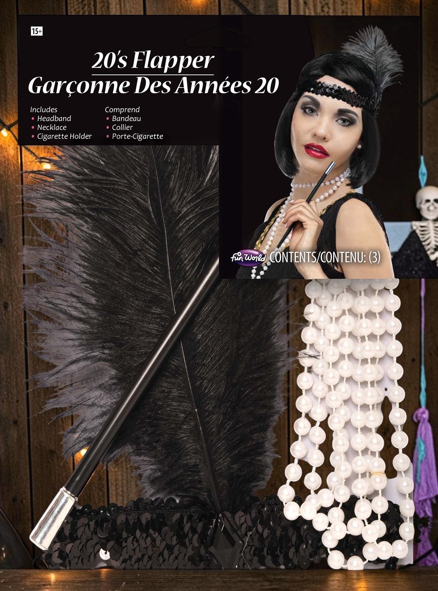Halloween-Emporium 20s flapper costume kit with black sequin feather headband, pearl necklace, and cigarette holder