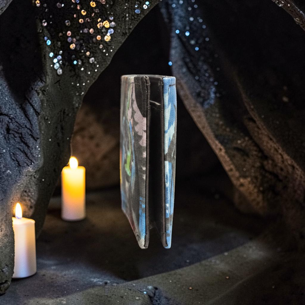 Halloween-Emporium 3 Witches hand crafted folded wallet featuring a dark artistic print in a candlelit setting.