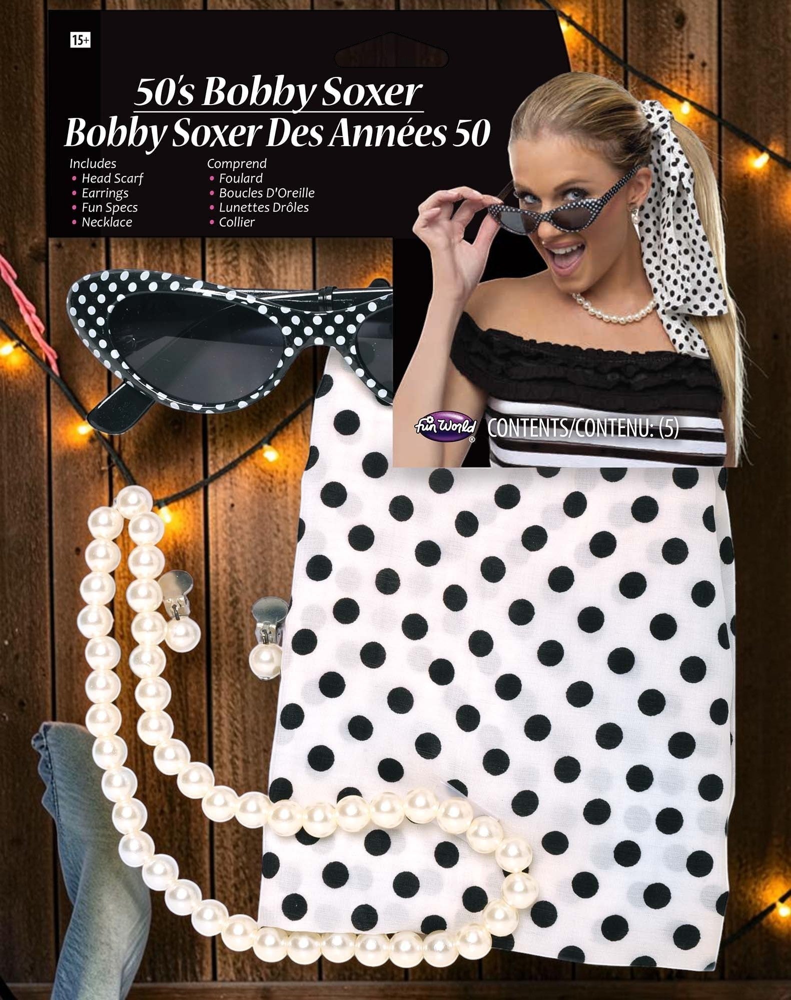 Halloween-Emporium 50s Bobby Soxer costume kit featuring polka dot glasses, pearl necklace, earrings, and head scarf.
