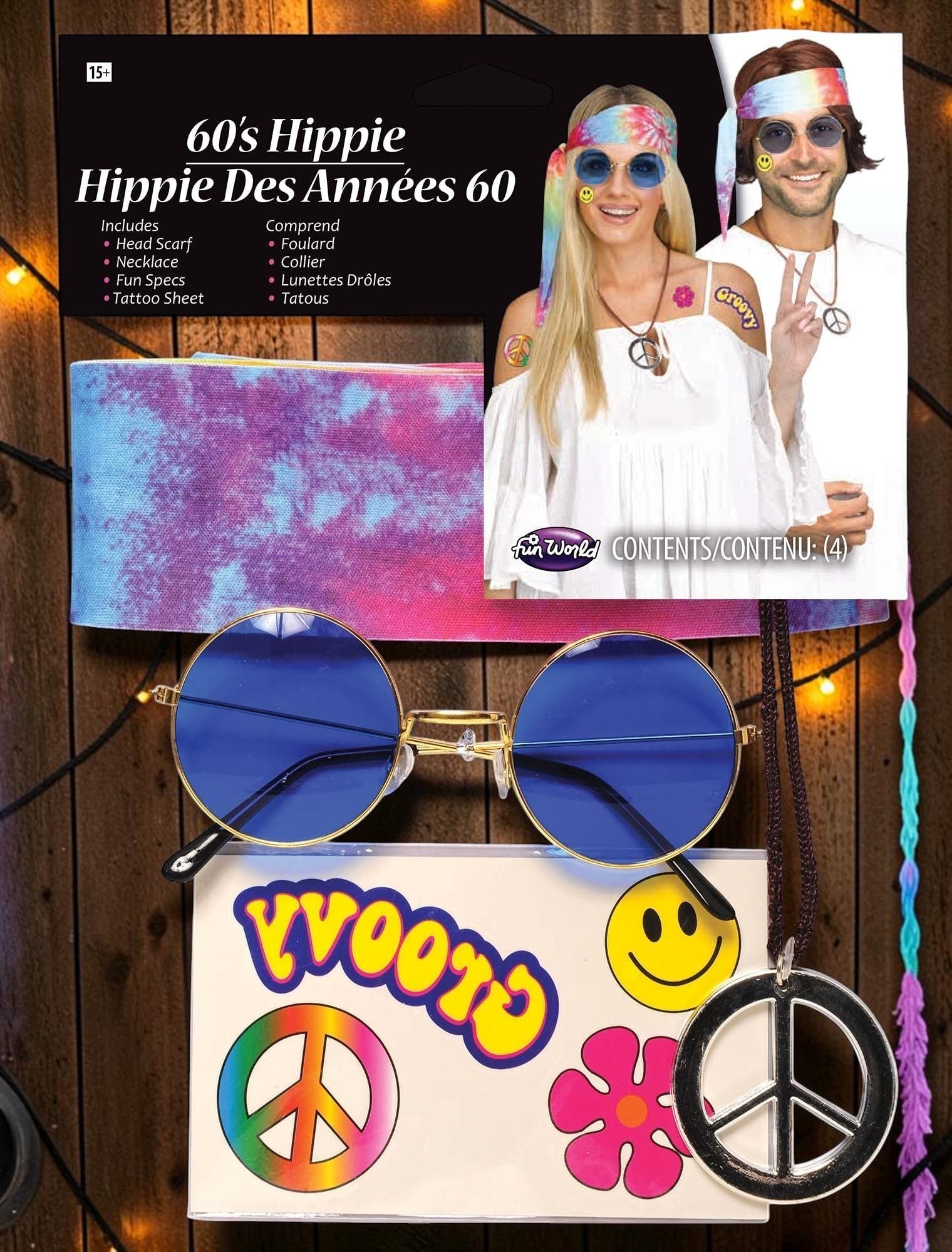 Halloween-Emporium 60s hippie costume kit featuring tie-dye headband, blue round sunglasses, and peace sign necklace.