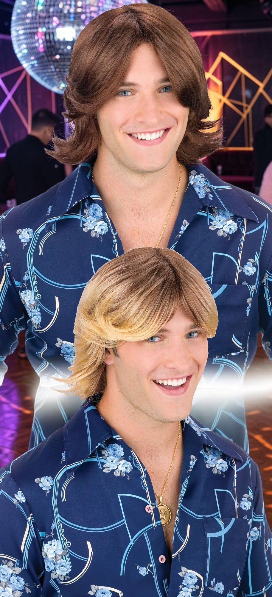 Halloween-Emporium 70s style feathered wigs in brown and blonde worn by a smiling man in a vintage floral shirt.