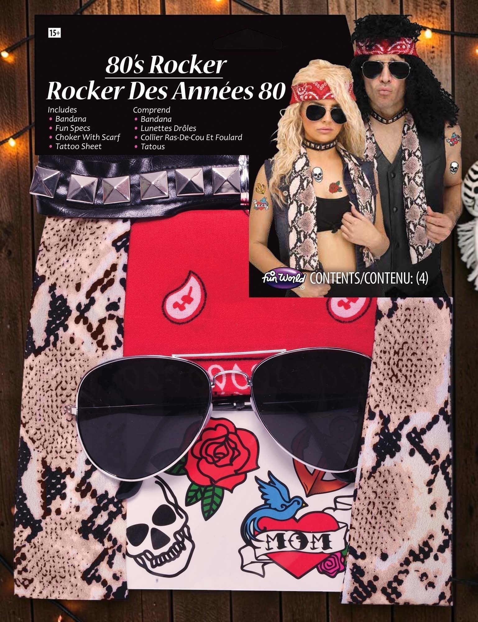 Halloween-Emporium 80s rocker costume kit featuring a red bandana, snake print scarf, aviator glasses, and tattoos.