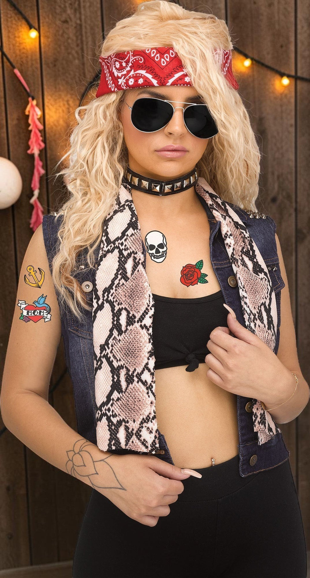 Halloween-Emporium 80s rocker instant costume kit featuring a red bandana, aviator sunglasses, and snake print scarf.