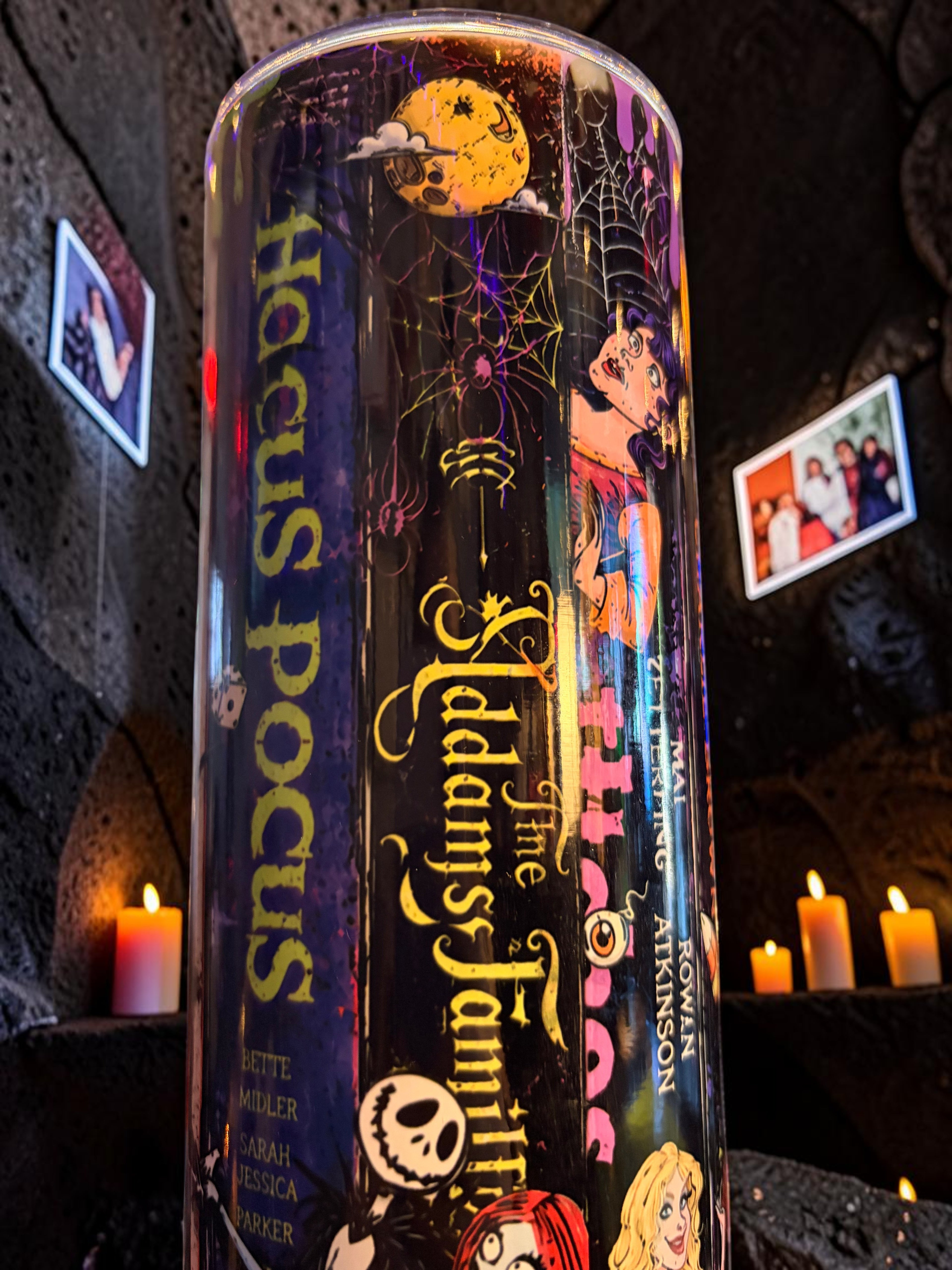 Halloween-Emporium 90s nostalgia spooky tumbler featuring iconic horror movie characters and gothic aesthetic