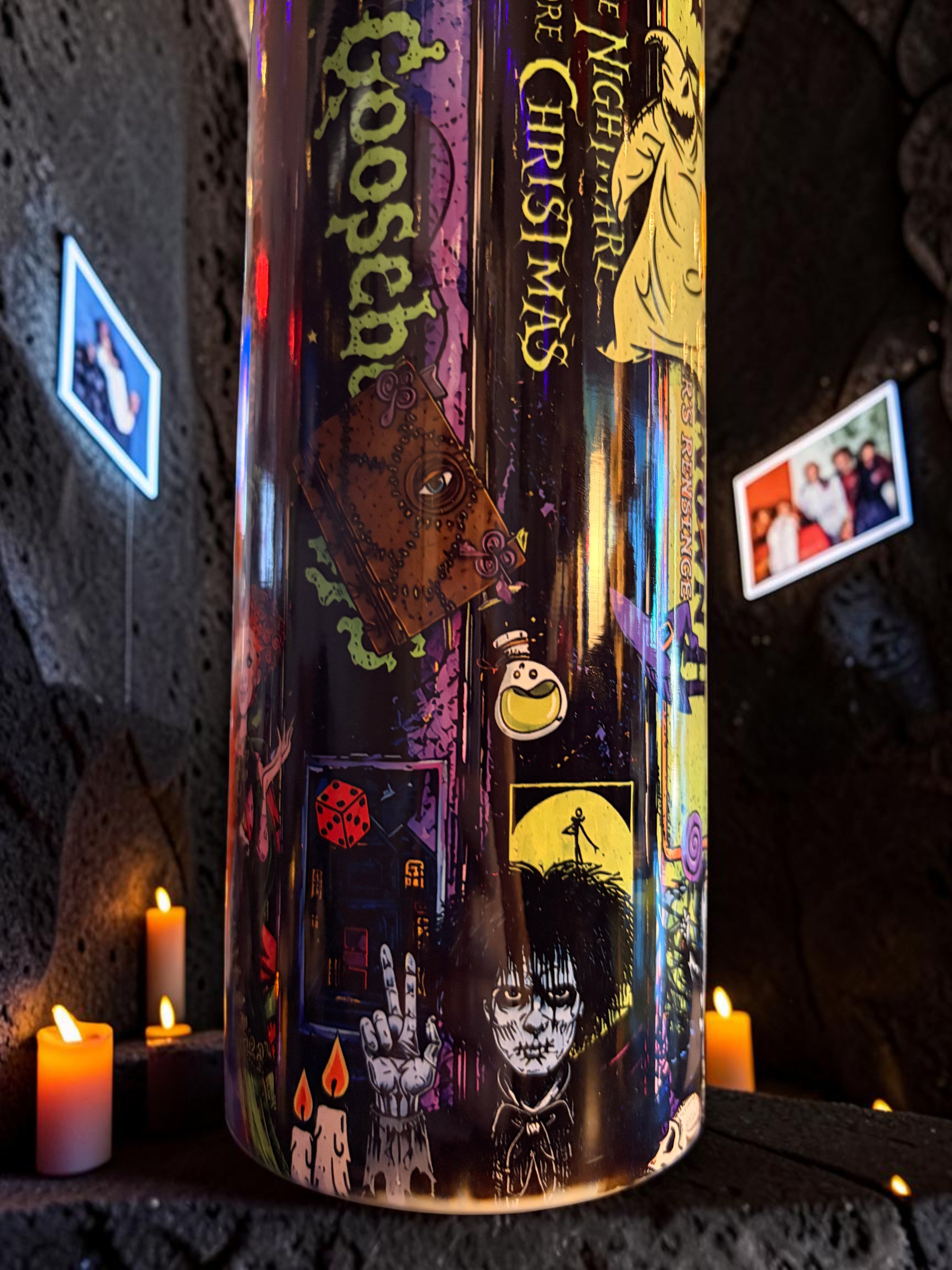 Halloween-Emporium 90s nostalgia spooky tumbler featuring gothic pop culture icons, potion bottles, and dark motifs.