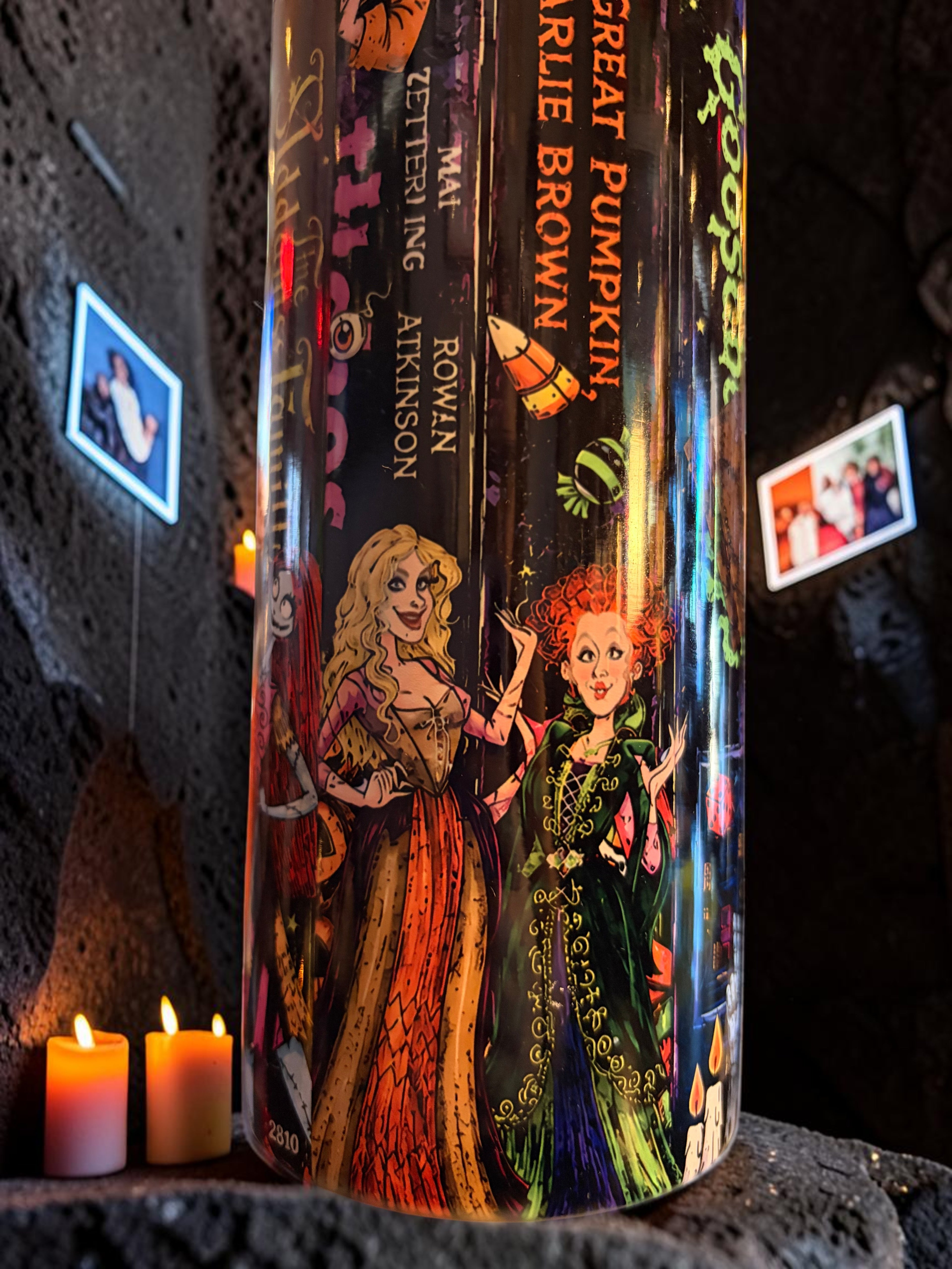 Halloween-Emporium 90s nostalgia spooky tumbler featuring iconic horror movie characters and vintage aesthetic designs.