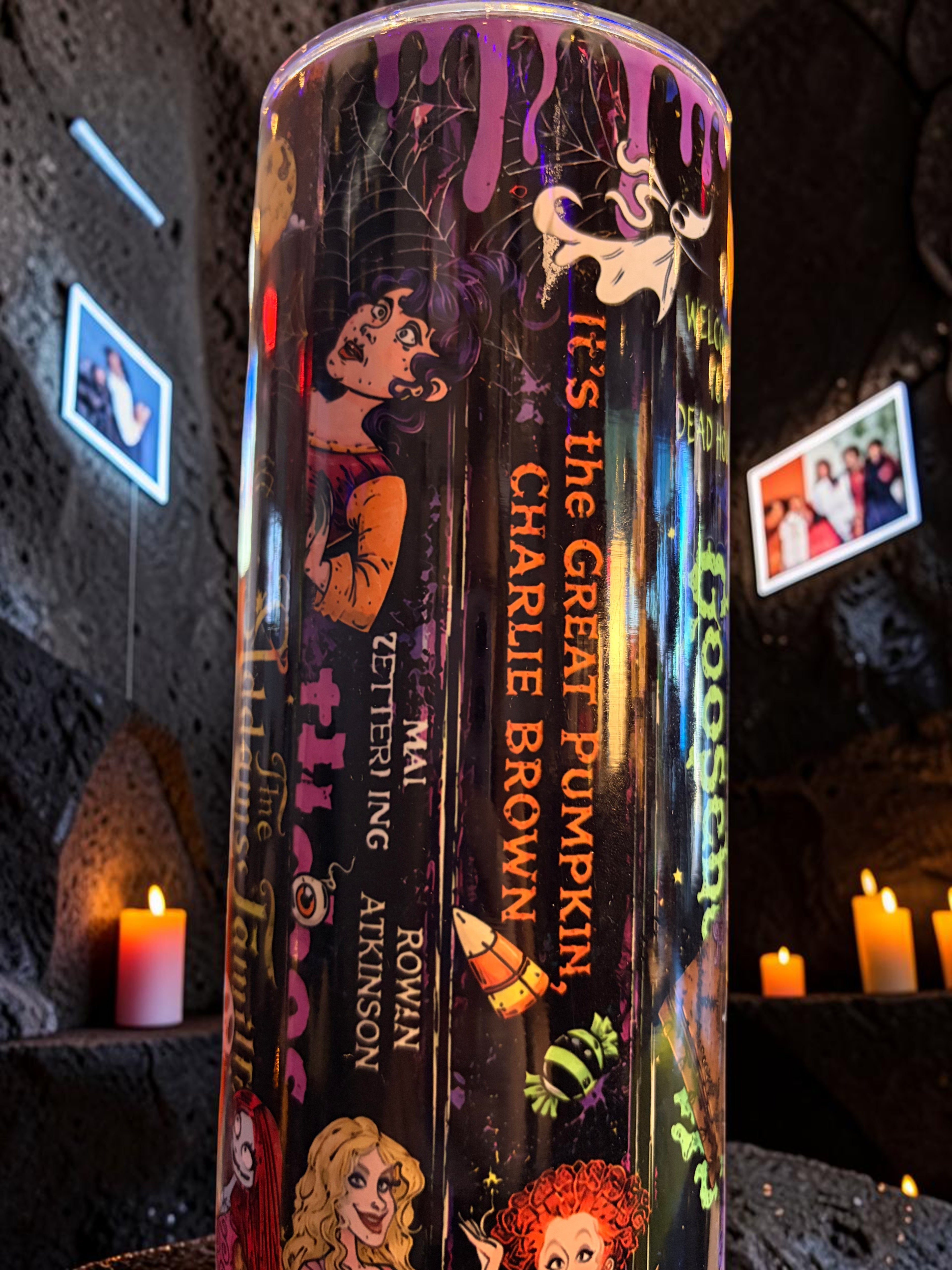 Halloween-Emporium 90s nostalgia spooky tumbler featuring retro horror movie graphics and a reusable metal straw
