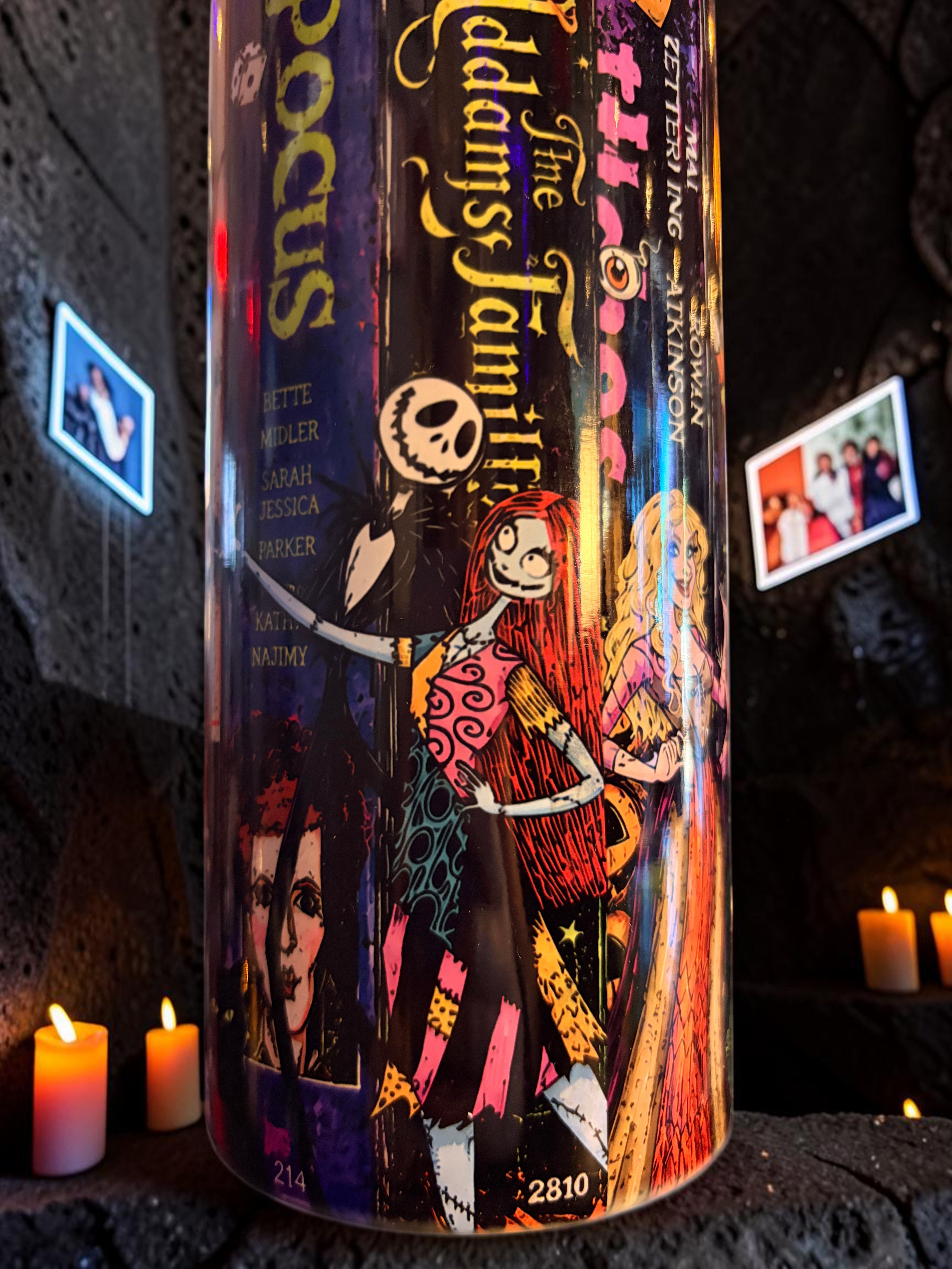 Halloween-Emporium 90s nostalgia spooky tumbler featuring iconic horror movie characters and vintage gothic graphics.