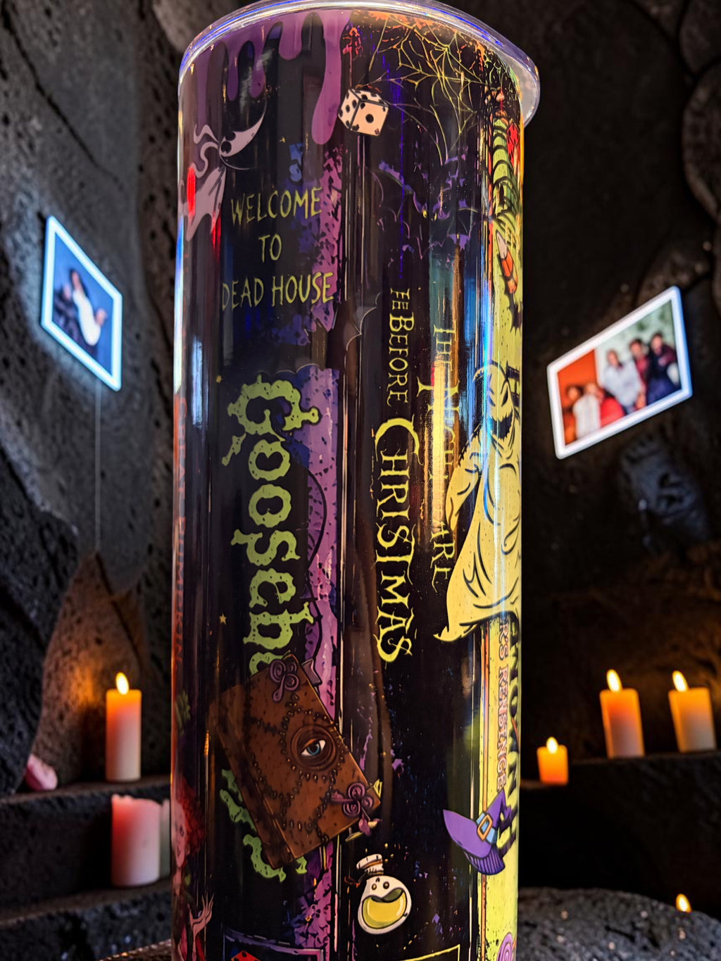 Halloween-Emporium 90s nostalgia spooky tumbler featuring gothic horror movie graphics and vibrant purple accents