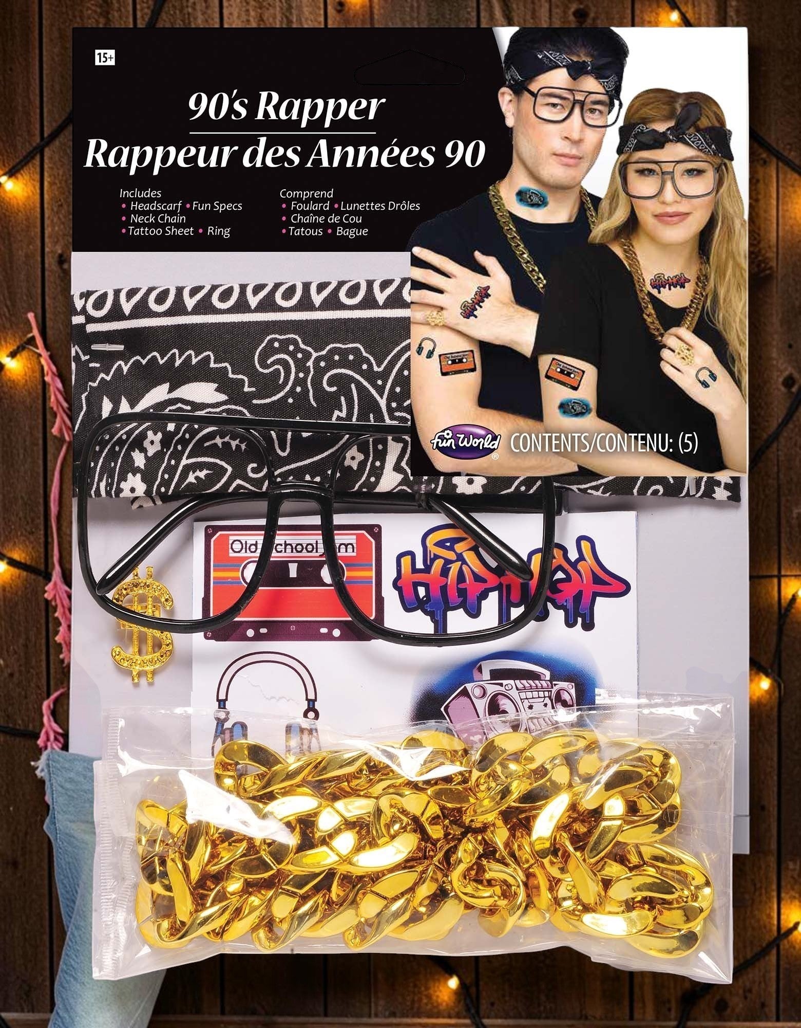 Halloween-Emporium 90s rapper costume kit featuring a black bandana, thick-rimmed glasses, gold chain, and tattoos.