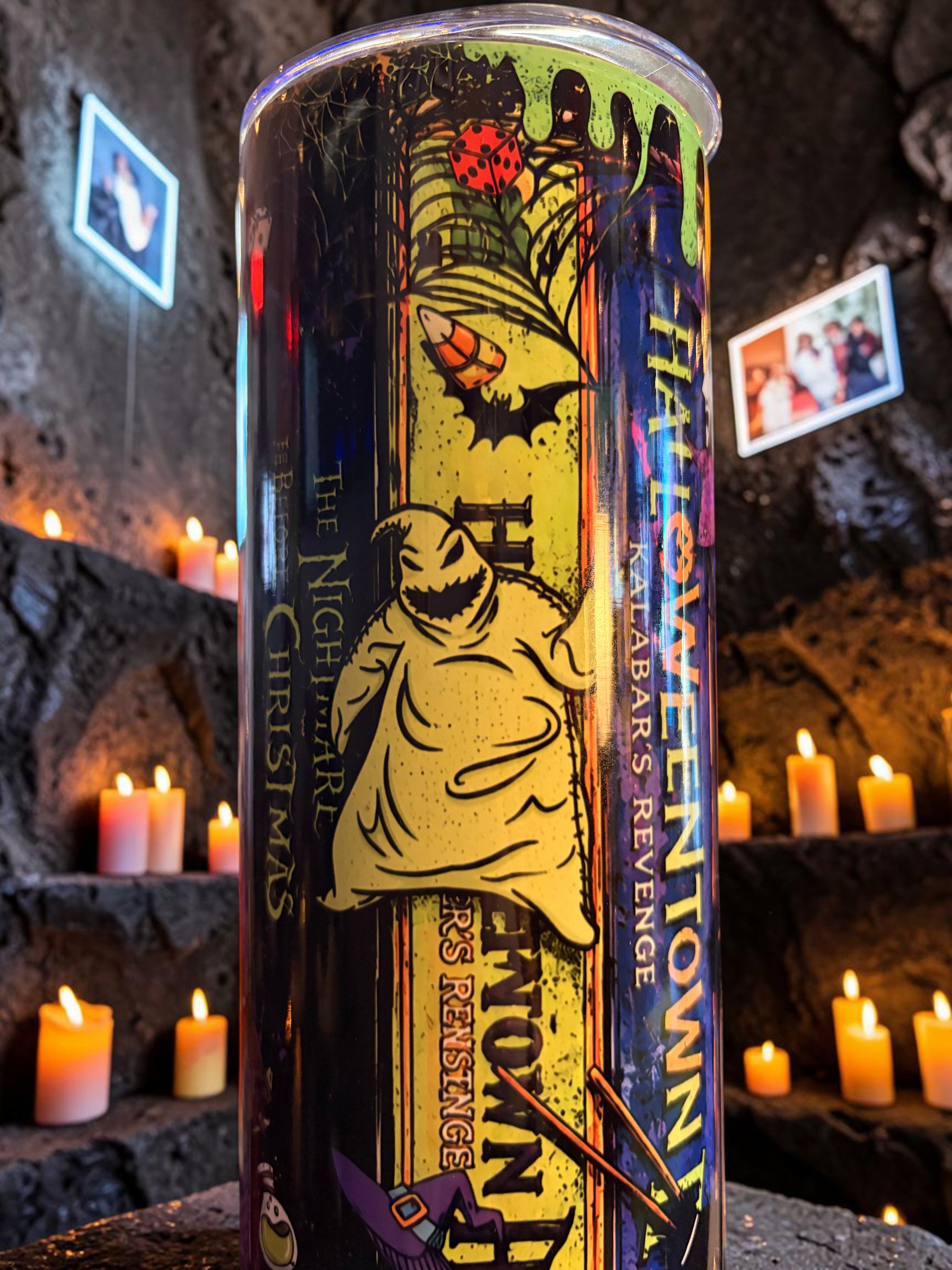 Halloween-Emporium 90s nostalgia spooky tumbler featuring Oogie Boogie and Halloweentown graphics on a dark background.