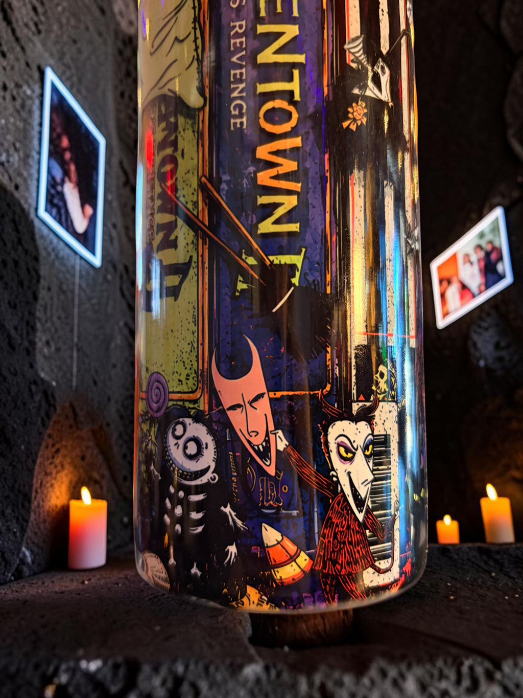 Halloween-Emporium 90s nostalgia spooky tumbler featuring colorful cartoon character graphics on a dark background