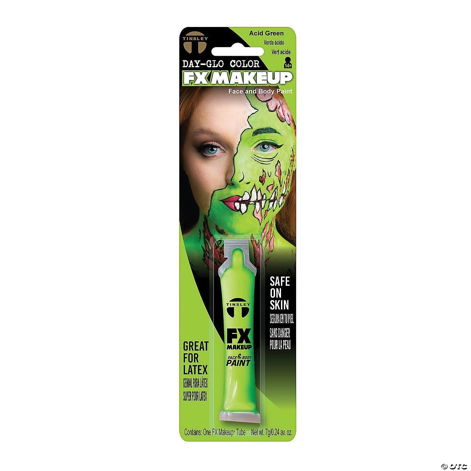 Halloween-Emporium acid green FX makeup face and body paint in a tube, safe for skin and latex applications.