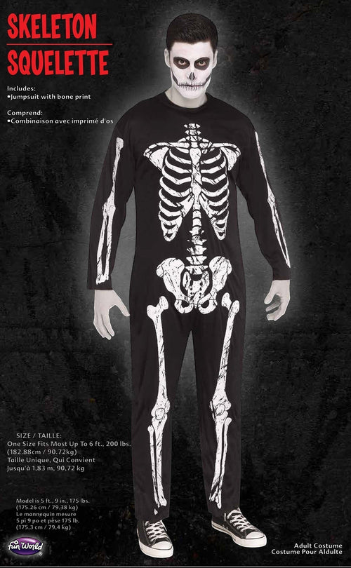 Halloween-Emporium adult skeleton jumpsuit with white bone print on black fabric worn by a man with face paint