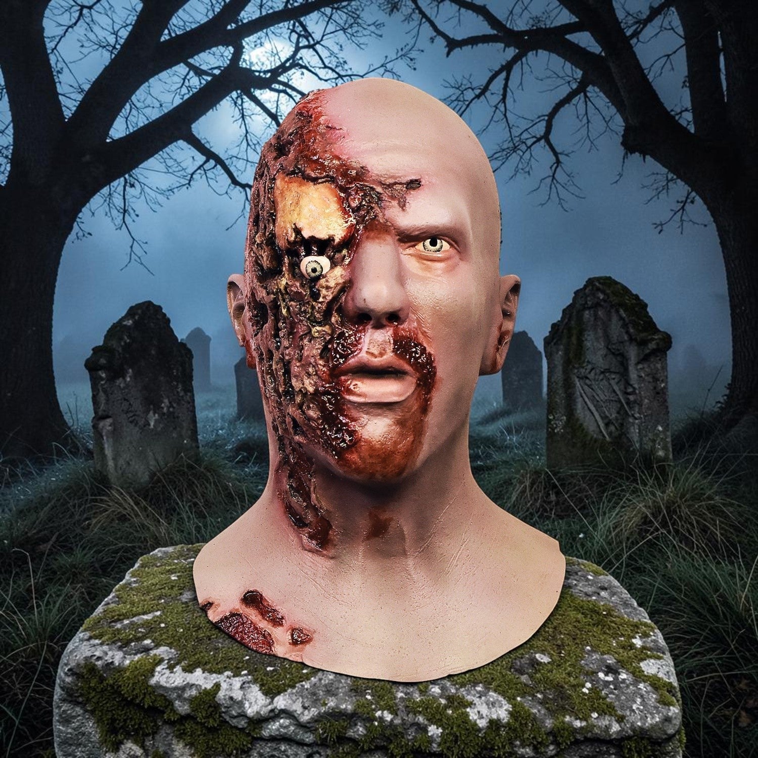 Halloween-Emporium Dawn of the Dead Airport Zombie latex mask with realistic gory skin texture and exposed skull detail