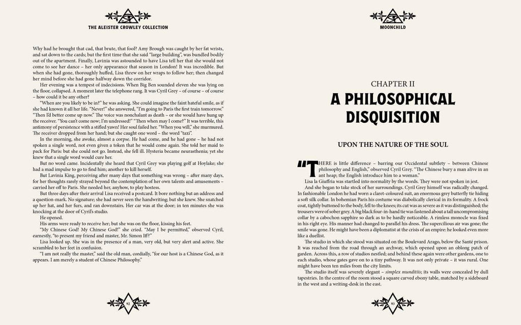 Halloween-Emporium Aleister Crowley Collection hardcover book open to pages 92 and 93 with black text on white paper.