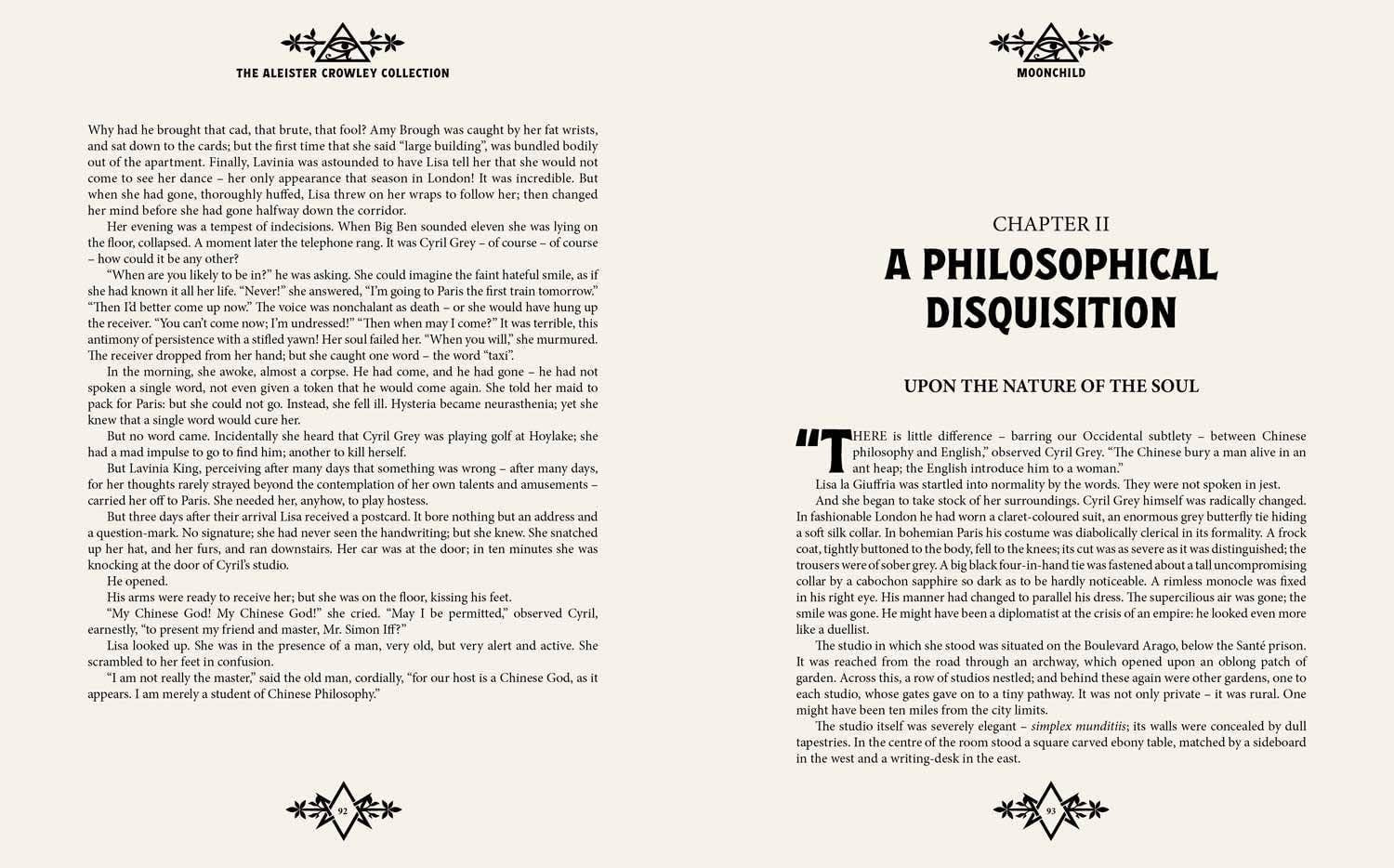 Halloween-Emporium Aleister Crowley Collection hardcover book open to pages 92 and 93 with black text on white paper.