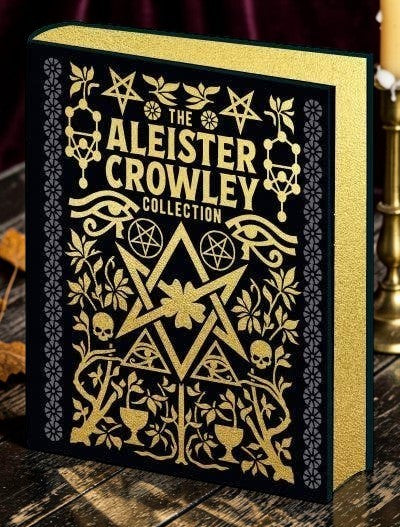 Halloween-Emporium Aleister Crowley Collection hardcover book with black Wibalin binding, gold foil, and gilded edges.