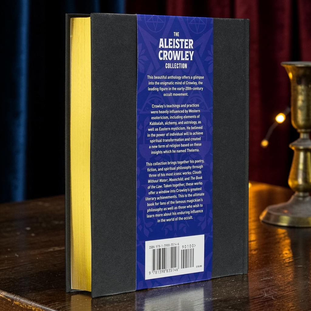 Halloween-Emporium Aleister Crowley Collection hardcover book with black Wibalin binding and gilded gold page edges.