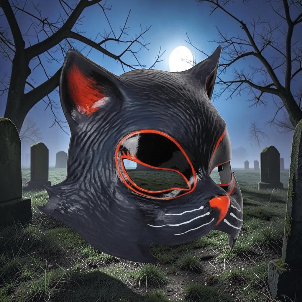 Halloween-Emporium Halloween Ends Allyson cat injection mask in black with orange accents against a graveyard background