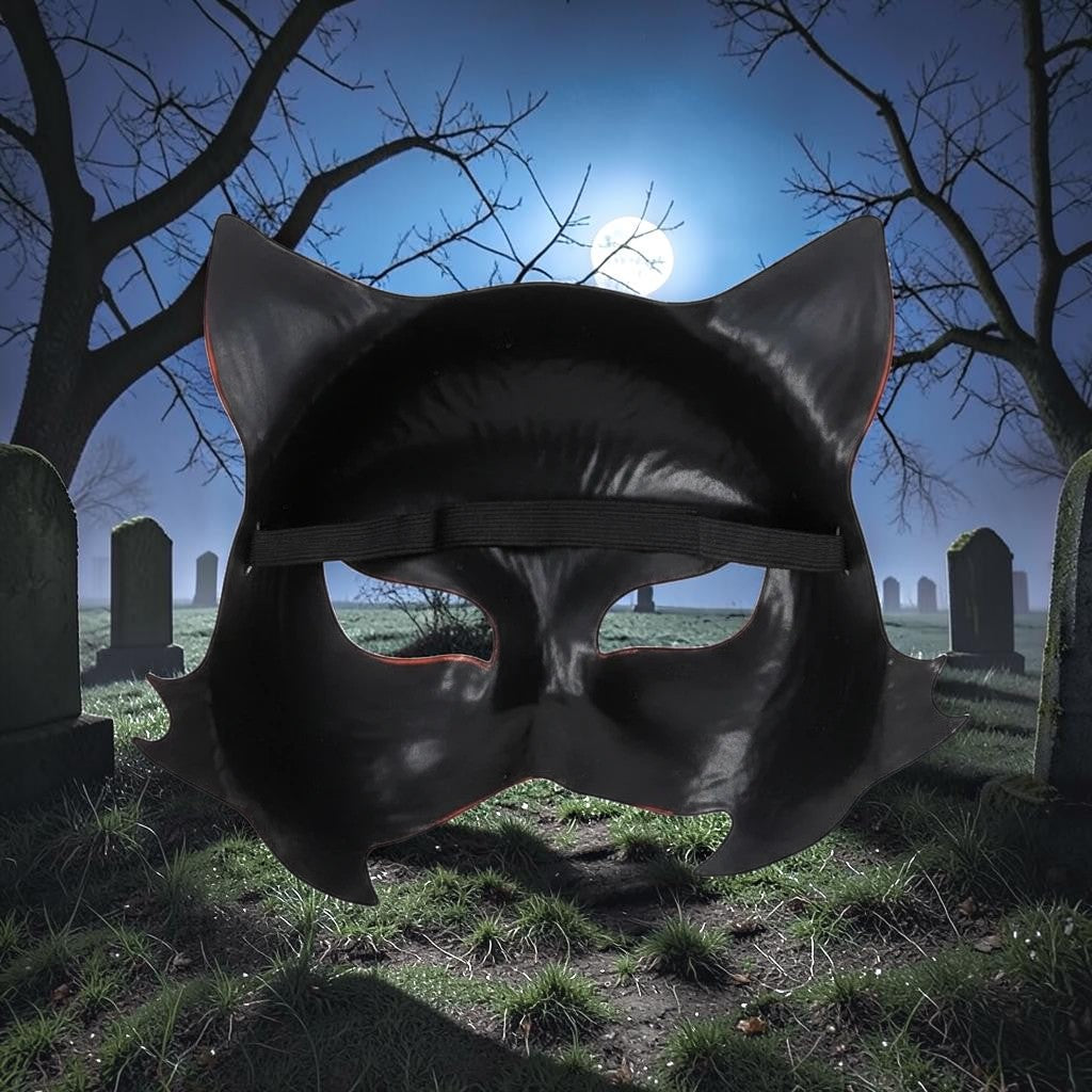 Halloween-Emporium Halloween Ends Allyson cat injection mask in black with orange accents against a spooky graveyard.