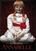 Halloween-Emporium Annabelle doll magnet featuring the horror movie character on a red damask background
