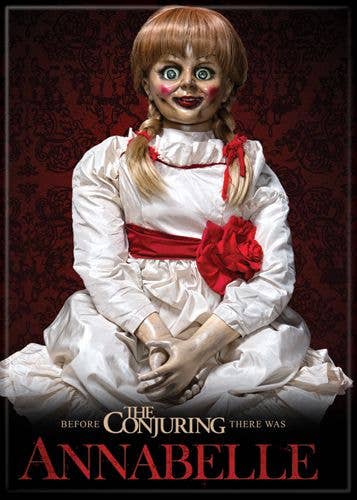Halloween-Emporium Annabelle doll magnet featuring the horror movie character on a red damask background