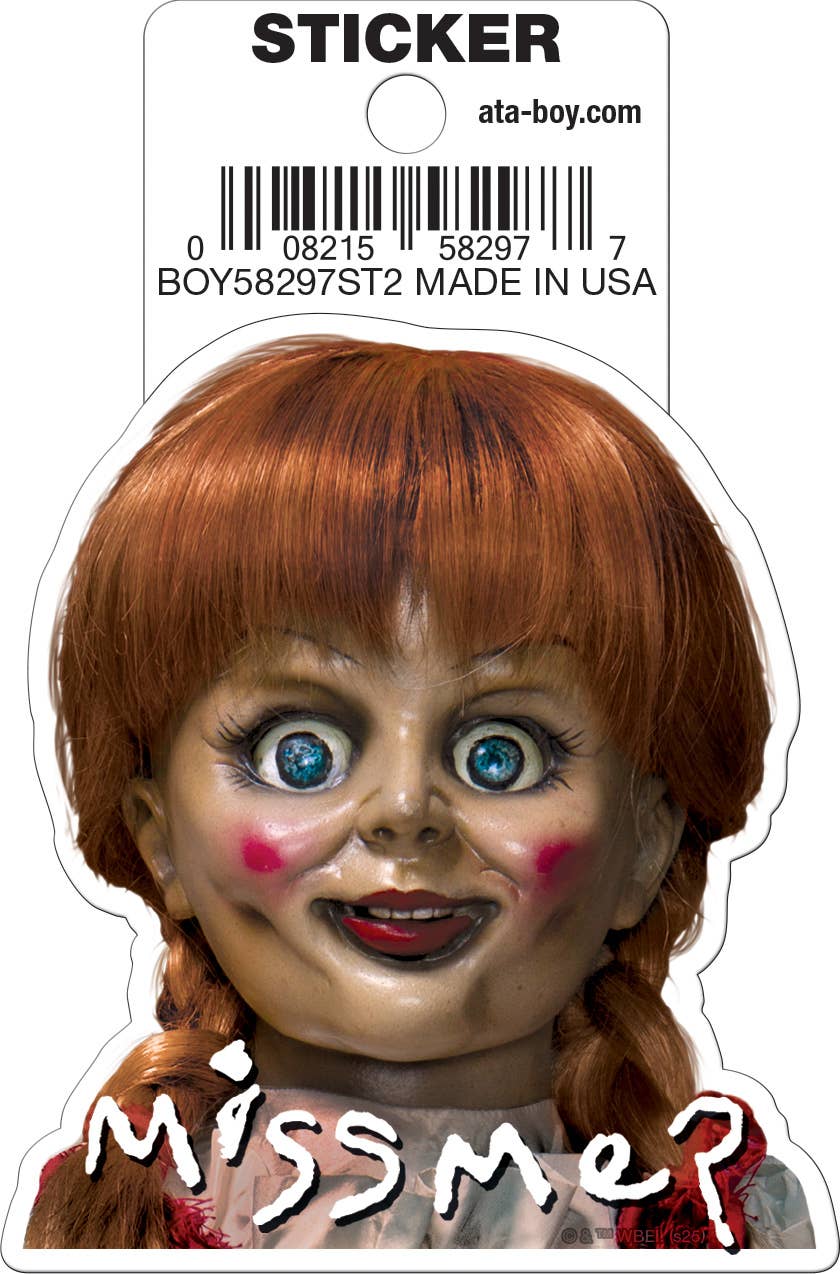Halloween-Emporium Annabelle die-cut vinyl sticker featuring the horror movie doll with Miss Me text.
