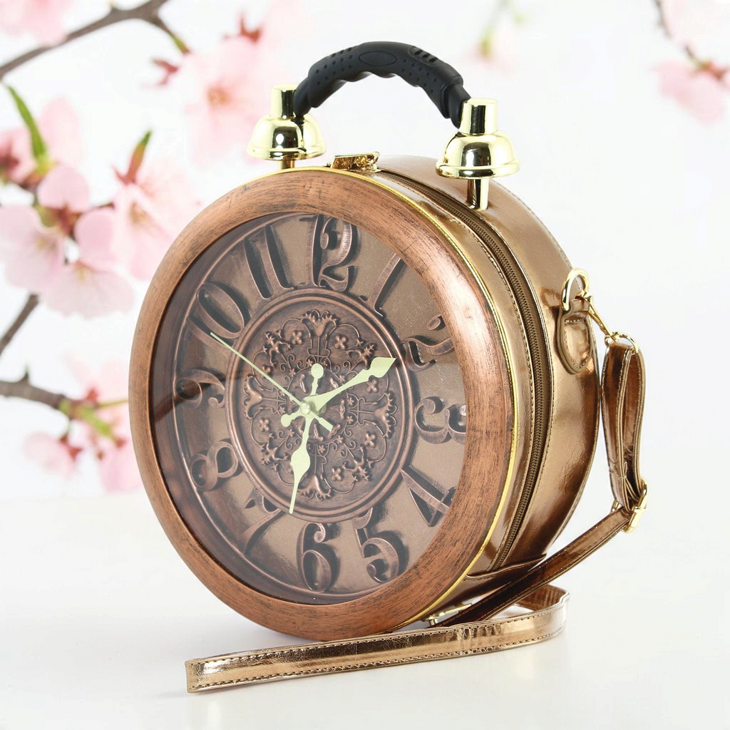 Halloween-Emporium antique clock bag in metallic bronze vinyl with a decorative face and detachable shoulder strap.