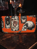 Halloween-Emporium Deadly Apothecary clutch wallet in orange with gothic skull and potion bottle print