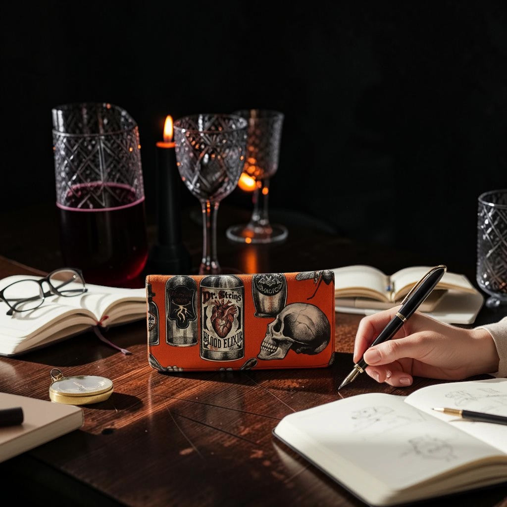 Halloween-Emporium Deadly Apothecary clutch wallet with skull and potion bottle print on an orange background