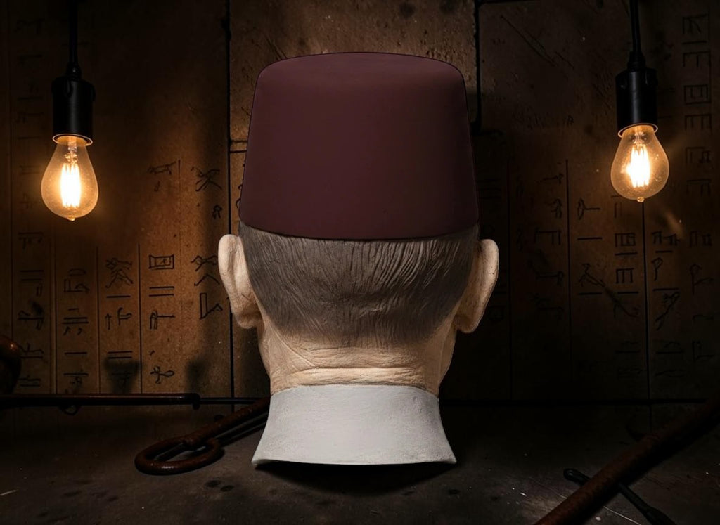 Halloween-Emporium Universal Classic Monsters Ardeth Bey latex mask back view with a red fez hat against a tomb wall