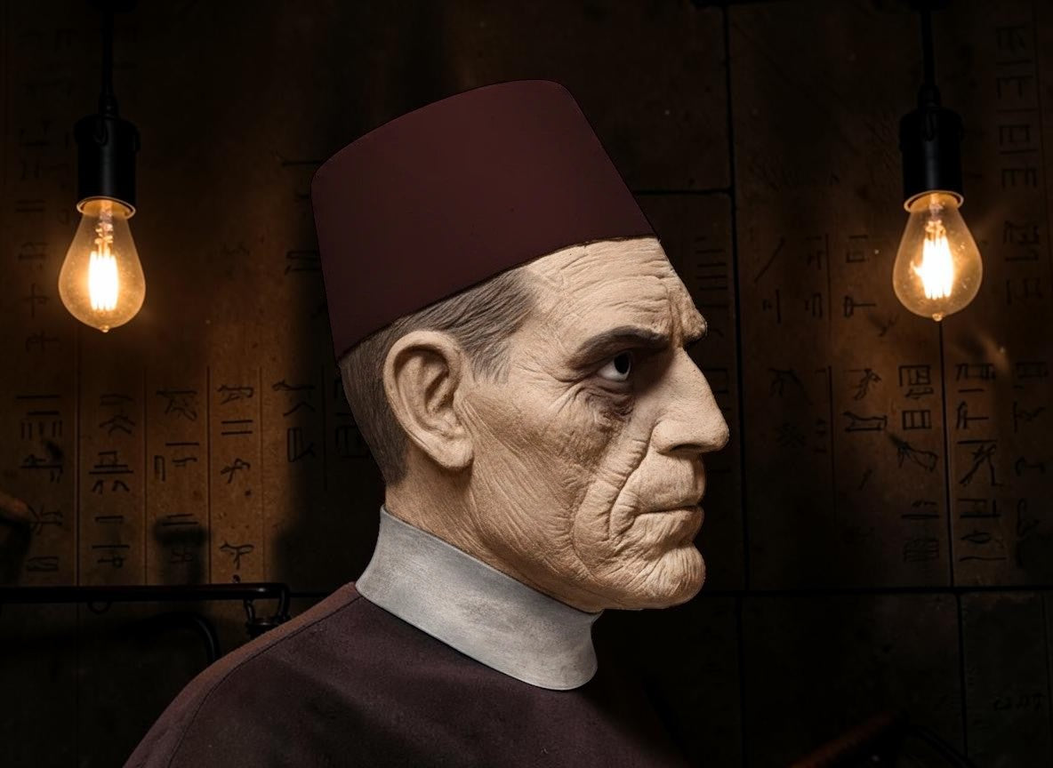 Halloween-Emporium Ardeth Bey Mummy latex mask with weathered skin texture and a deep red fez hat in profile view.