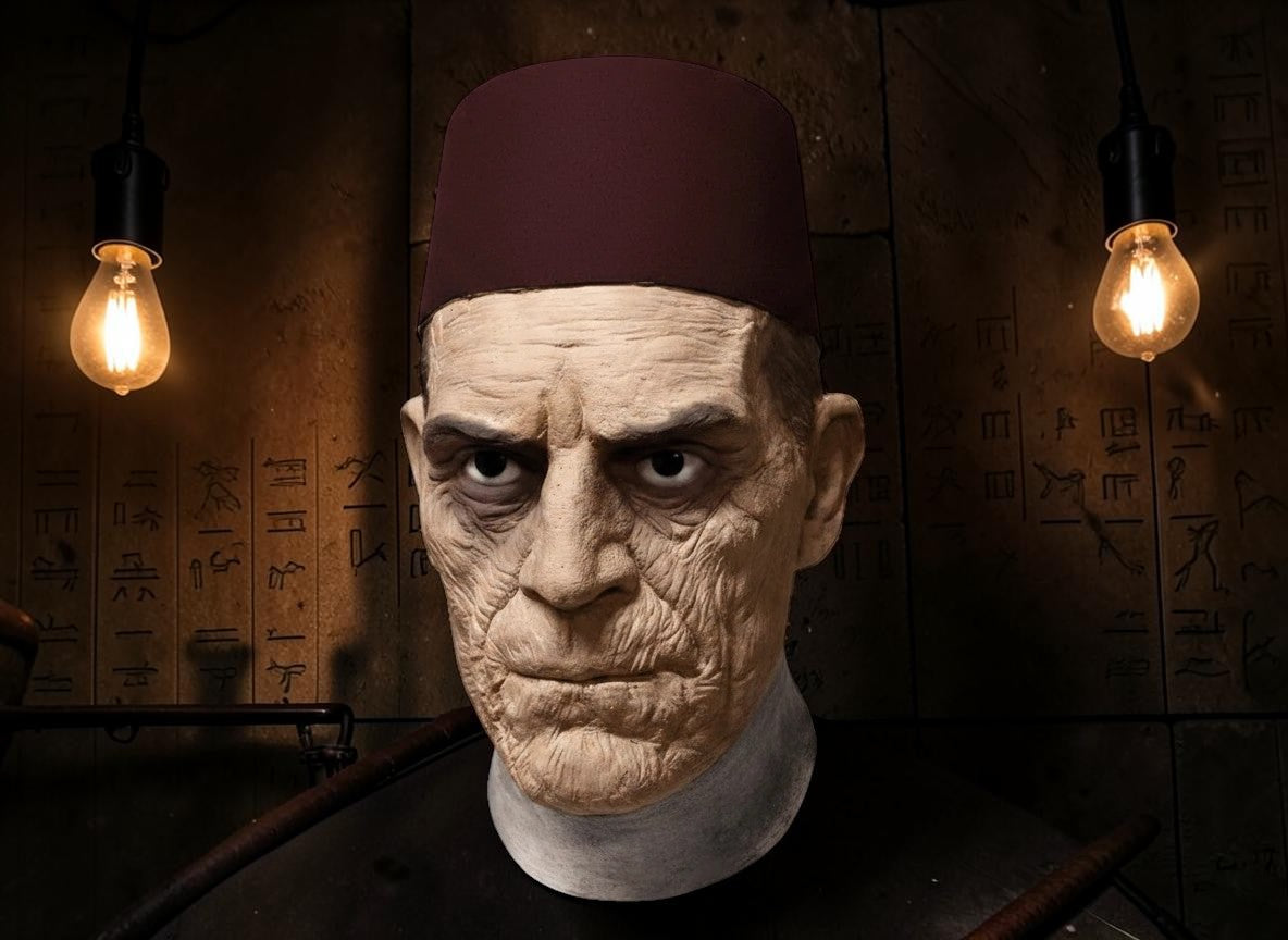Halloween-Emporium Universal Classic Monsters Ardeth Bey latex mask with a deep red fez hat and weathered skin texture.